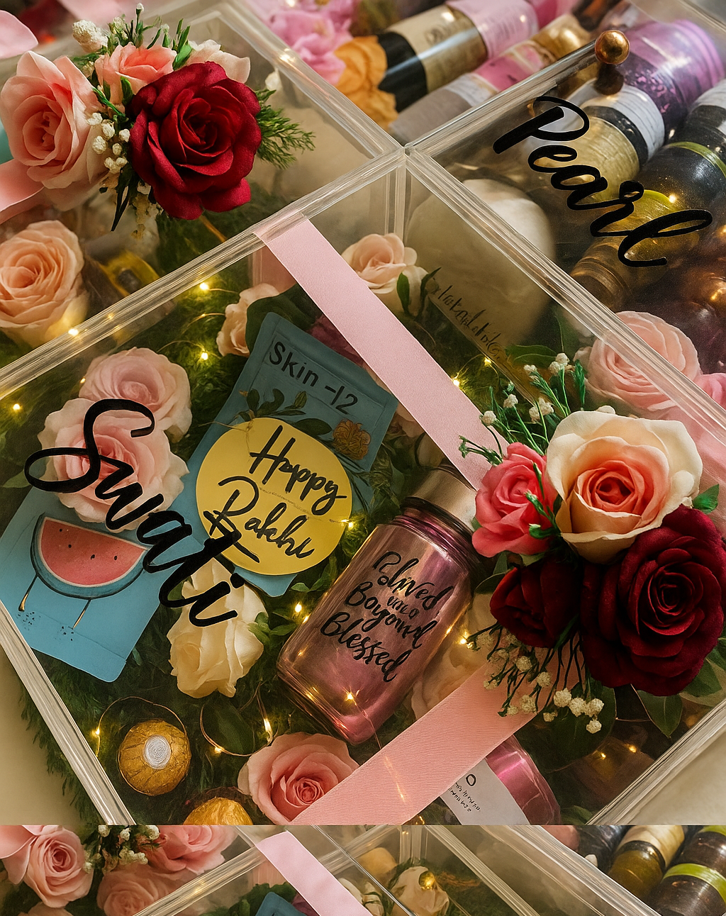 Personalized Trousseau and Jewellery gift box for Swati and Pearl, decorated with artificial roses, fairy lights, skincare products, chocolates, and a pink bottle labeled 'Loved and Beyond Blessed'.