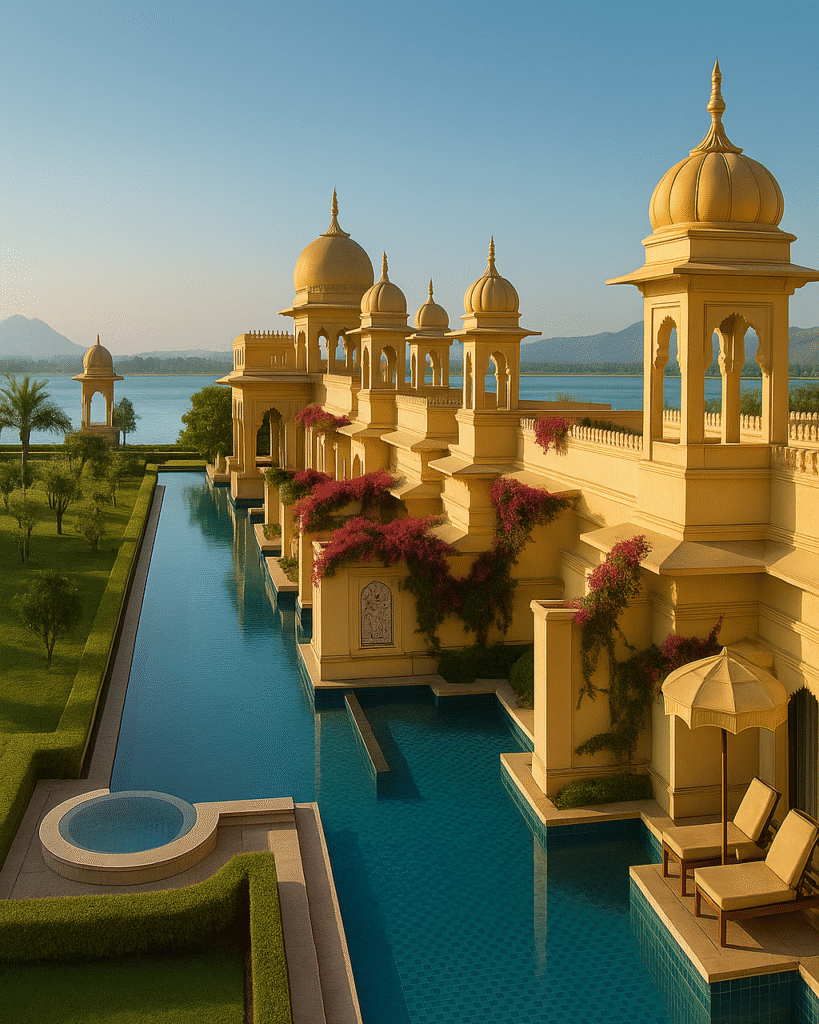 Golden lakeside palace with domed pavilions and a royal poolside view under clear blue sky